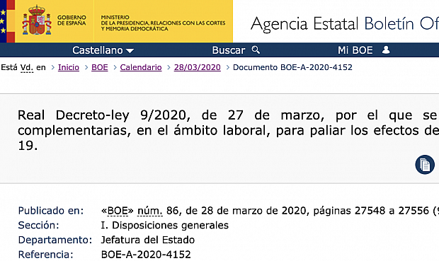 Publicado en BOE: medidas complementarias, en el ámbito laboral, para paliar los efectos derivados del COVID-19.