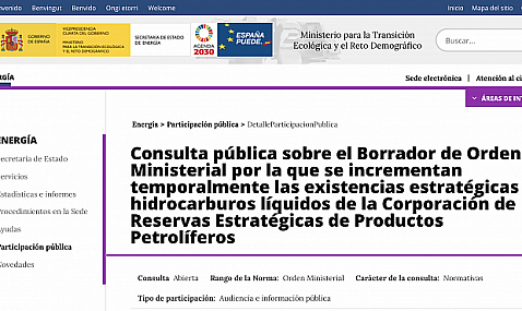 Consulta pública sobre el Borrador de O.M. por la que se incrementan temporalmente las existencias estratégicas de hidrocarburos líquidos de la CORES.