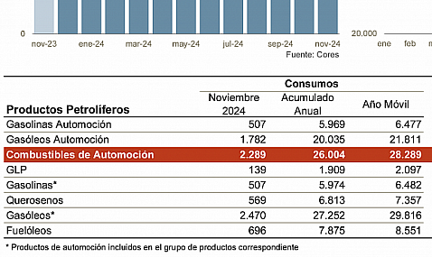 En noviembre de 2024 desciende el consumo de combustibles de automoción con respecto a noviembre de 2023.