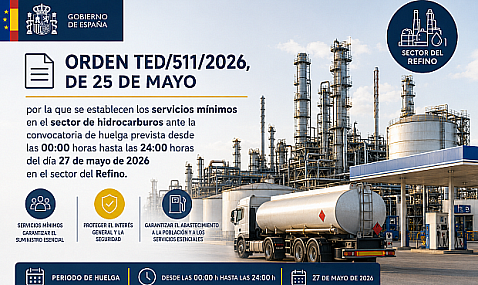 Publicada Orden establece los servicios m&iacute;nimos en el sector de hidrocarburos ante la convocatoria de huelga prevista el d&iacute;a 27 de mayo de 2026 en el sector del Refino